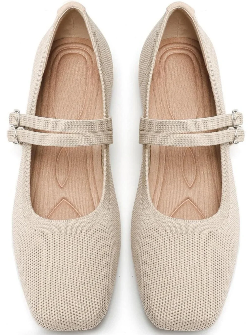 Women's Beige Knit Square Toe Mary Jane Ballet Flats Foldable Buckle Strap Shoes